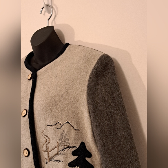 Vintage Meico Landhaus Grey Wool Embriodered Applique Jacket Misses Size 10 - Picture 4 of 10